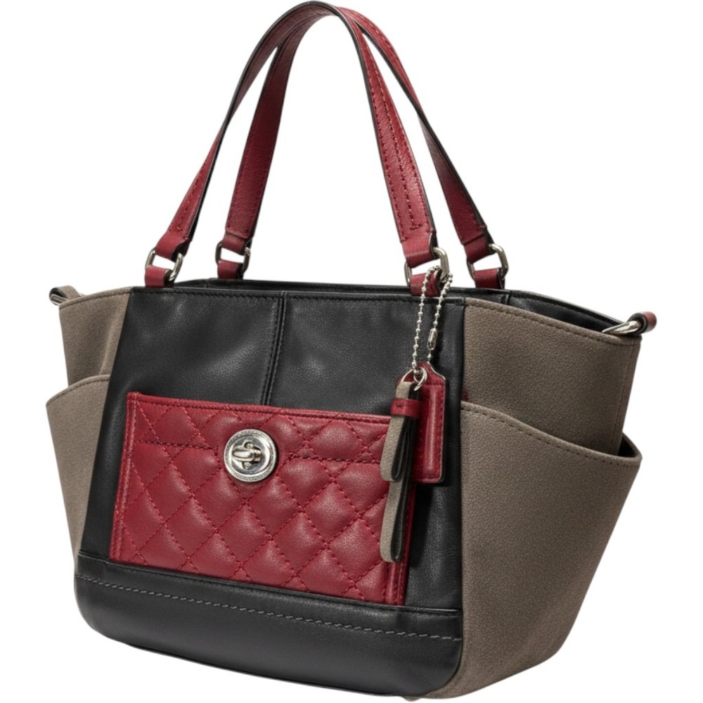 Coach Satchel Handbag Women Small Black Leather Suede Quilted Red Crossbody